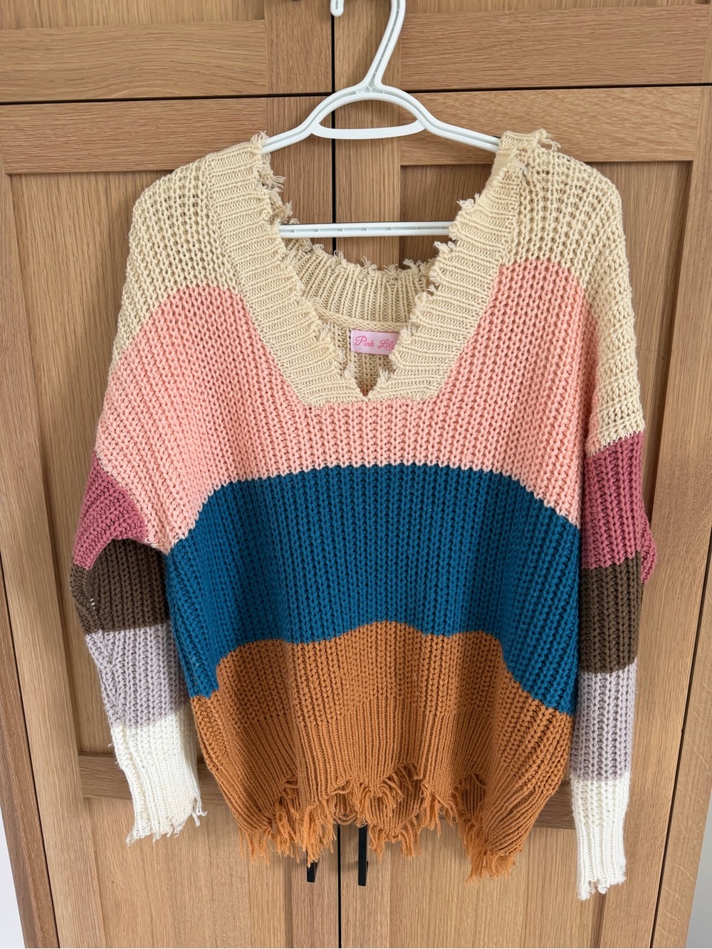 Pink Lily Multi-Stripe V-Neck Knit Sweater